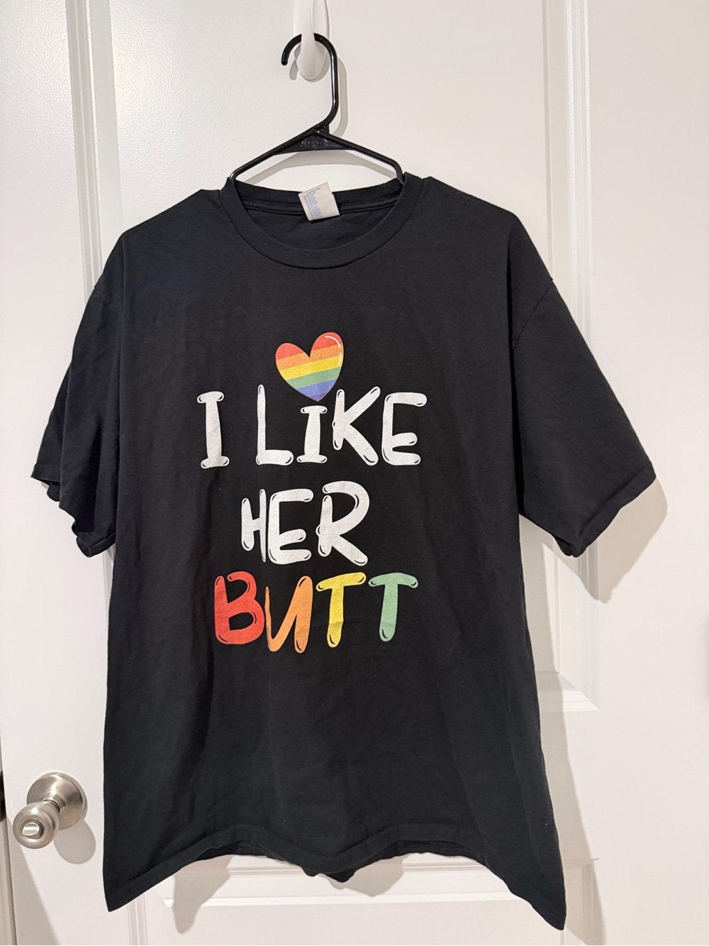 Port and Company Black T‑Shirt with Rainbow Heart and Multicolor Text